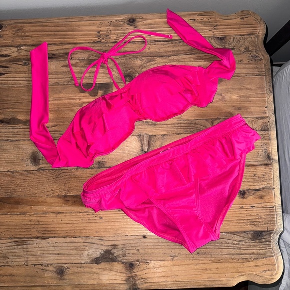 NWT Kenneth Cole Swimsuit Top Pink Ruffle Tie Neck Size Med - Picture 10 of 11